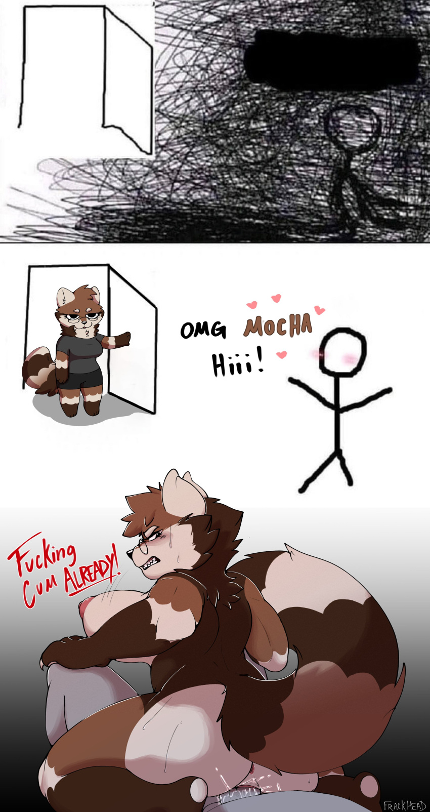 &lt;3 absurd_res ailurid anthro anthro_penetrated anus big_breasts bodily_fluids breasts brown_body brown_fur butt comic command dominant dominant_female duo eyewear female female_on_top female_penetrated fluffy fluffy_tail frackhead fur glasses hi_res human human_on_anthro interspecies male male/female male_penetrating male_penetrating_female mammal markings meme mocha_(frackhead) omg_hi! on_bottom on_top penetration penile penile_penetration penis_in_pussy rear_view red_panda reverse_cowgirl_position sex stick_figure striped_markings striped_tail stripes sweat tail tail_markings vaginal vaginal_penetration