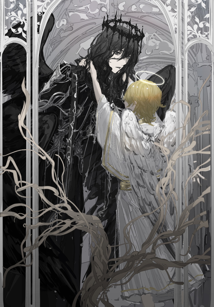 2boys abstract_background adam_(lord_of_the_mysteries) aged_down angel angel_wings arch black_eyes black_hair black_halo black_robe black_wings blonde_hair branch chinese_commentary commentary_request halo highres hug implied_yaoi looking_at_another lord_of_the_mysteries medium_hair mowuxuan772 multiple_boys pale_skin robe sasrir_(lord_of_the_mysteries) short_hair white_robe wings