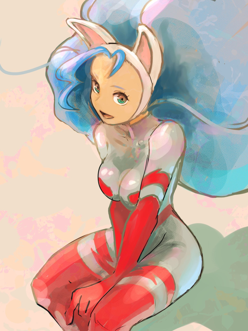 animal_humanoid blue_eyes blue_hair breasts capcom cat_humanoid darkstalkers felicia_(darkstalkers) felid felid_humanoid feline feline_humanoid female hair hi_res humanoid long_hair mammal mammal_humanoid meke77842928 sitting solo ultraman_(series) wetsuit