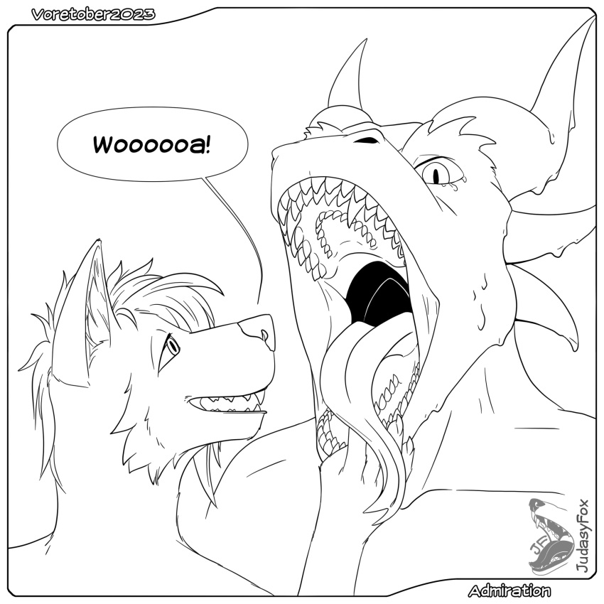 admiration anthro bodily_fluids canid canine claws devourer_(razor_koopa) digital_media_(artwork) dragon duo english_text esophagus fangs fox fur gaping_mouth goo_creature goo_dragon goo_dripping hair hi_res horn imminent_vore judasyfox larger_pred long_tongue looking_up male male/male male_prey mammal mawplay mouth_play mouth_shot muscular muscular_anthro muscular_male open_mouth simple_background size_difference slime teeth text throat tongue tongue_out vore voretober voretober_2023 willing_pred willing_prey willing_vore