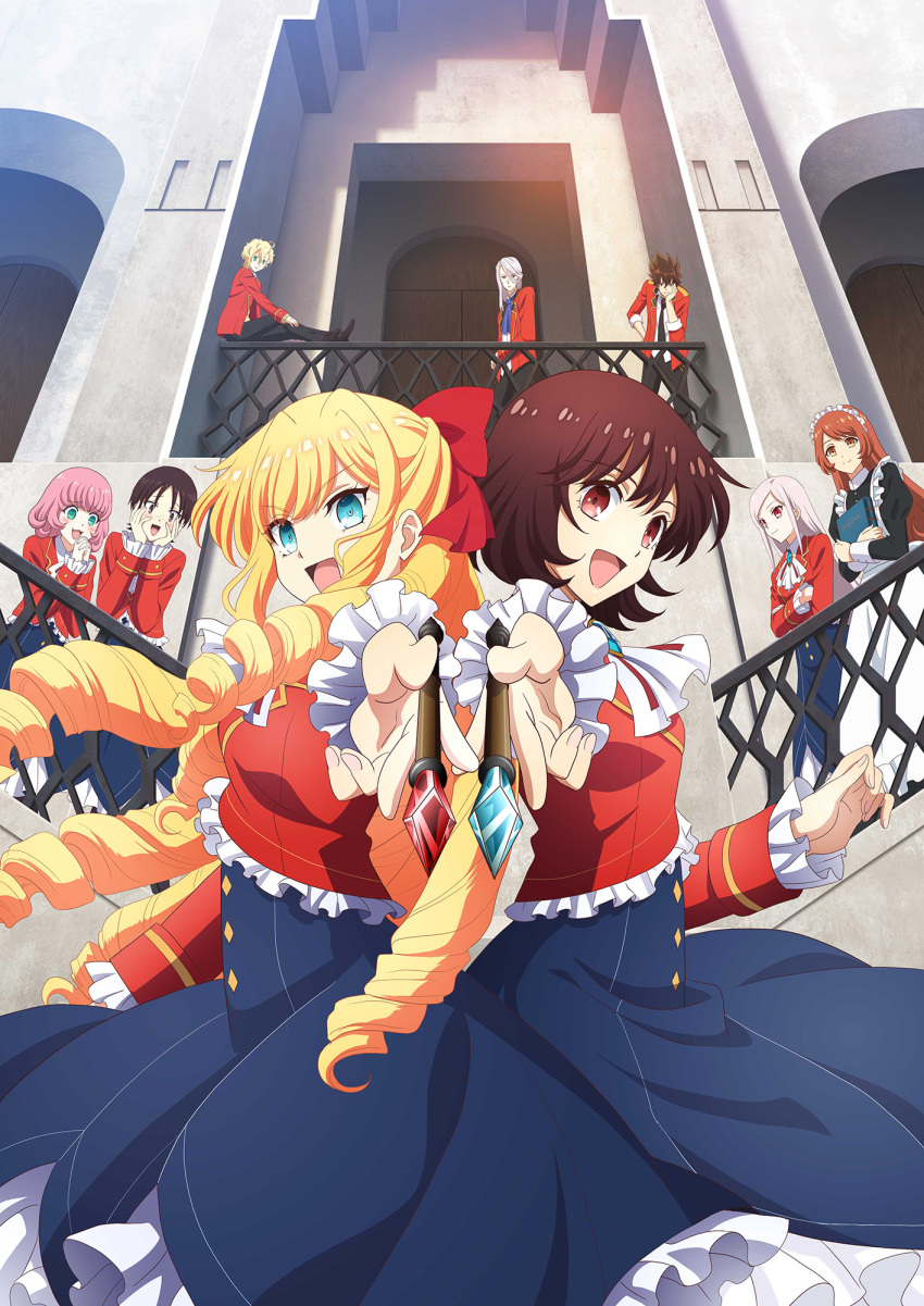 3boys 6+girls :d apron back-to-back black_pants blonde_hair blue_eyes blue_skirt bow brown_eyes brown_hair claire_francois commentary_request drill_hair frilled_jacket frilled_skirt frilled_sleeves frills green_eyes hair_bow highres jacket key_visual lene_aurousseau long_hair long_sleeves looking_at_viewer loretta_kugret maid maid_apron misha_jur multiple_boys multiple_girls official_art pants pepi_barlier pink_hair promotional_art rae_taylor red_bow red_eyes red_jacket rod_bauer school_uniform short_hair skirt smile swept_bangs thane_bauer watashi_no_oshi_wa_akuyaku_reijou white_hair yu_bauer