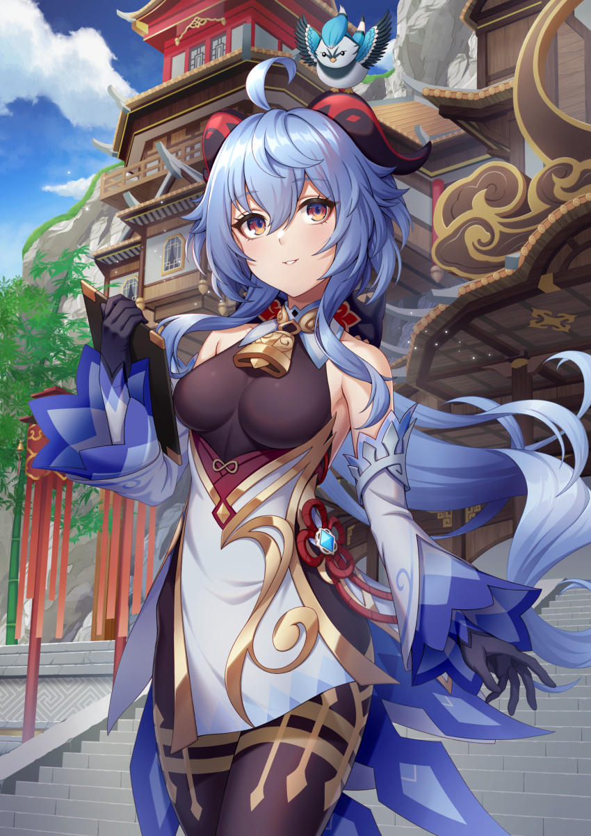 1girl ahoge architecture bare_shoulders bell bird black_pantyhose blue_gloves blue_hair breasts chinese_knot clipboard cowboy_shot day detached_sleeves east_asian_architecture flower_knot ganyu_(genshin_impact) genshin_impact gloves gold_trim highres horns long_hair looking_at_viewer low_ponytail medium_breasts neck_bell noro_assumed outdoors pantyhose parted_lips purple_eyes sidelocks smile solo stairs standing teeth thighlet thighs vision_(genshin_impact) waist_cape white_sleeves