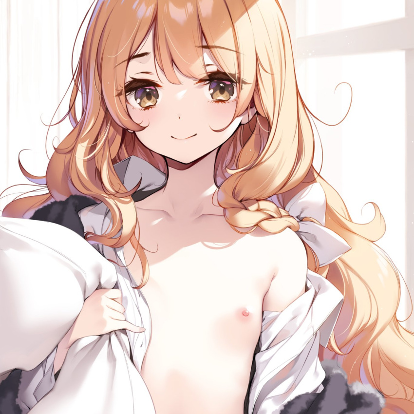 1girl blonde_hair blush braid brown_eyes flat_chest hair_ribbon highres holding holding_pillow indoors ke-ta kirisame_marisa looking_at_viewer messy_hair nipples no_headwear off_shoulder open_clothes open_shirt petite pillow ribbon sidelighting single_braid smile solo touhou tress_ribbon upper_body wavy_hair window