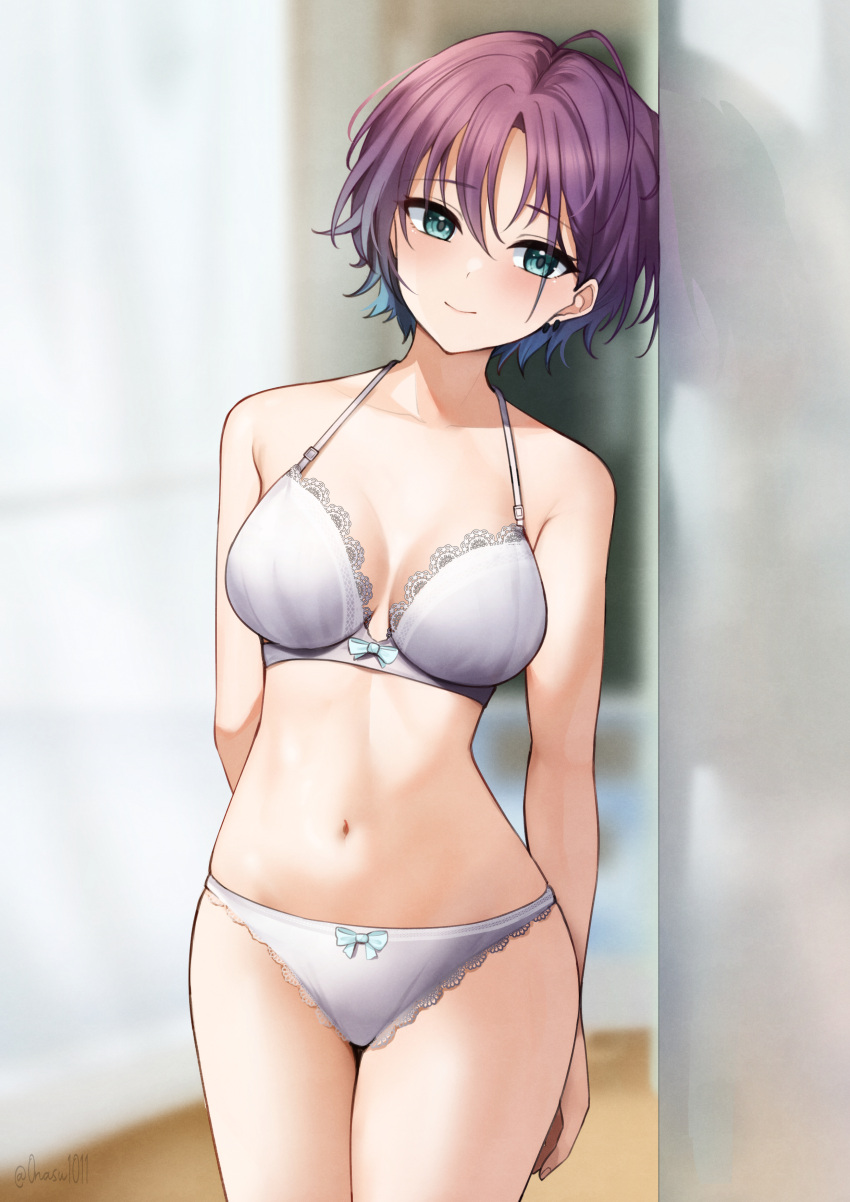 1girl absurdres ahoge arms_behind_back asakura_toru blue_eyes blue_hair blurry blurry_background blush bow bow_bra bow_panties bra breasts breasts_apart closed_mouth collarbone cowboy_shot curvy earrings gradient_hair highres idolmaster idolmaster_shiny_colors indoors jewelry lace-trimmed_bra lace-trimmed_panties lace_trim large_breasts leaning_to_the_side looking_at_viewer medium_breasts multicolored_hair nassss navel panties purple_eyes purple_hair short_hair smile solo stomach underwear underwear_only white_bra white_panties
