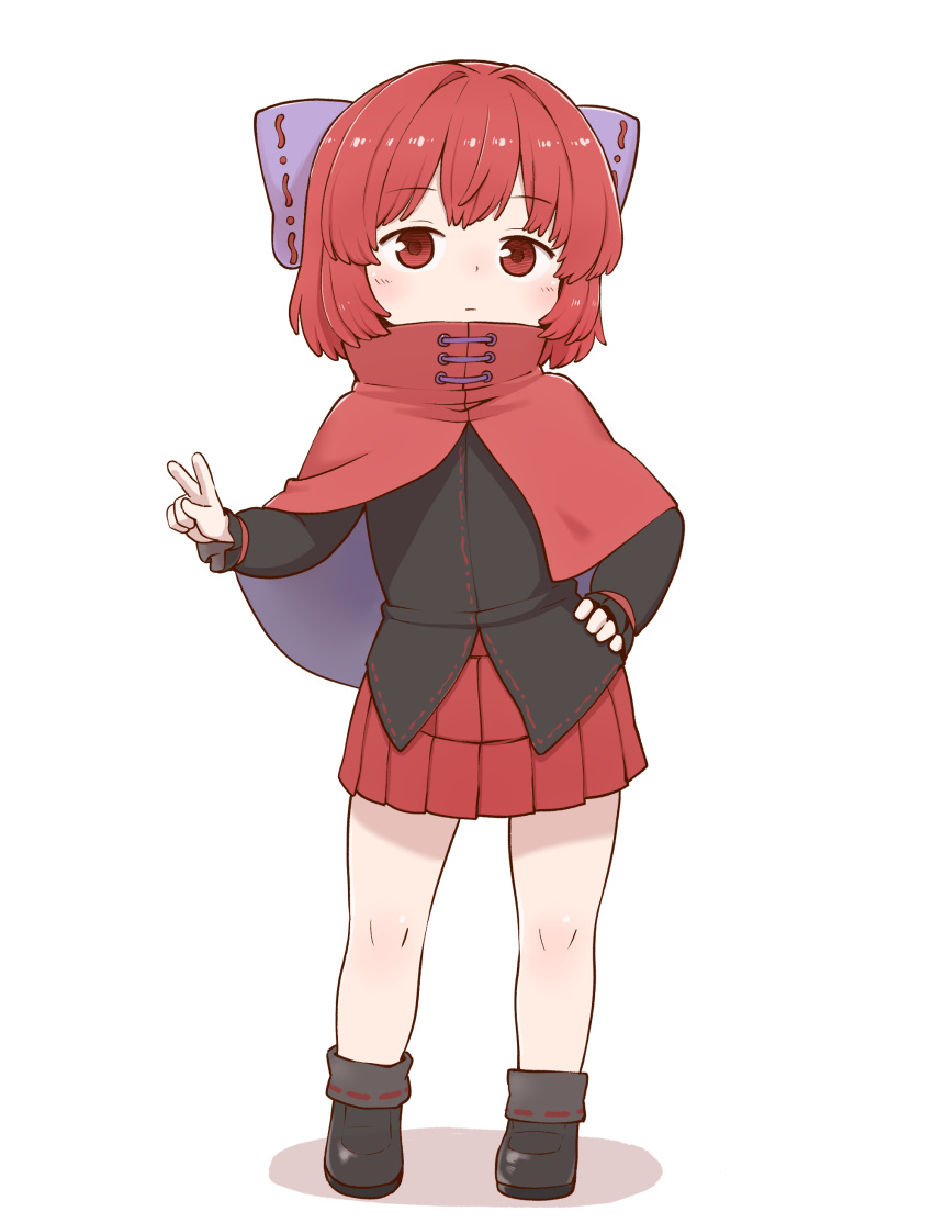 1girl absurdres black_footwear black_shirt bow cloak closed_mouth full_body hair_bow hand_on_hip highres long_sleeves looking_at_viewer poronegi purple_bow red_eyes red_hair red_skirt sekibanki shirt simple_background skirt solo standing touhou v white_background