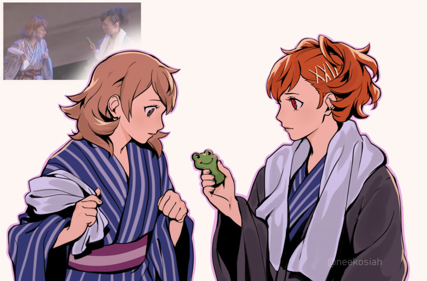 2girls bath_yukata brown_eyes brown_hair closed_mouth english_commentary grey_background hair_ornament hairclip highres holding japanese_clothes kimono multiple_girls neekosiah orange_hair outline persona persona_3 persona_3_portable photo-referenced red_eyes reference_inset shiomi_kotone striped striped_kimono takeba_yukari towel towel_around_neck upper_body wide_sleeves yukata