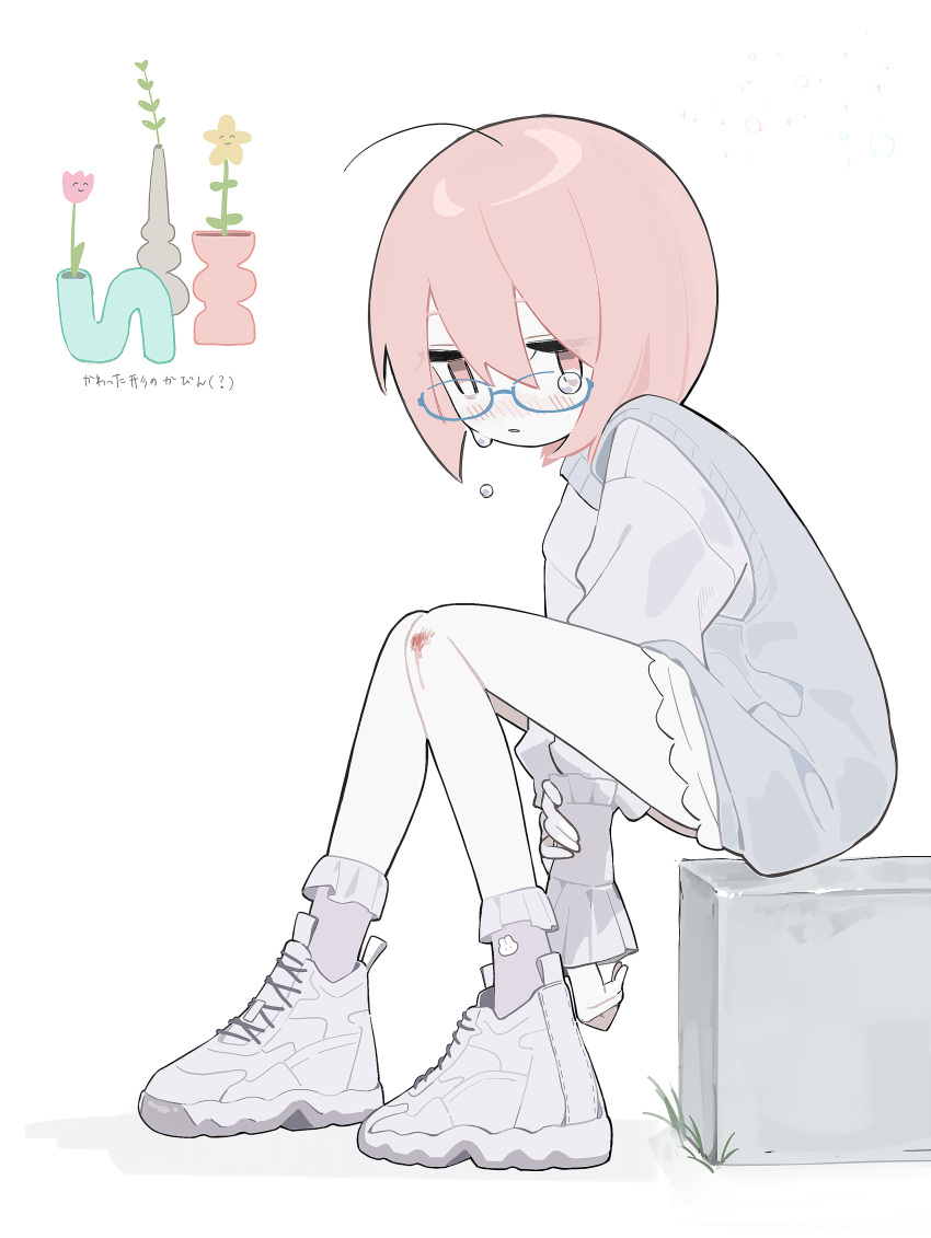 1girl absurdres ahoge animal_print blue-framed_eyewear blush concrete crying cube flower frilled_skirt frilled_sleeves frilled_socks frills glasses hair_between_eyes highres injury jitome myomuron original parted_lips pink_eyes pink_hair rabbit_print short_hair sitting skirt socks tearing_up vase vest white_background white_footwear white_socks white_vest