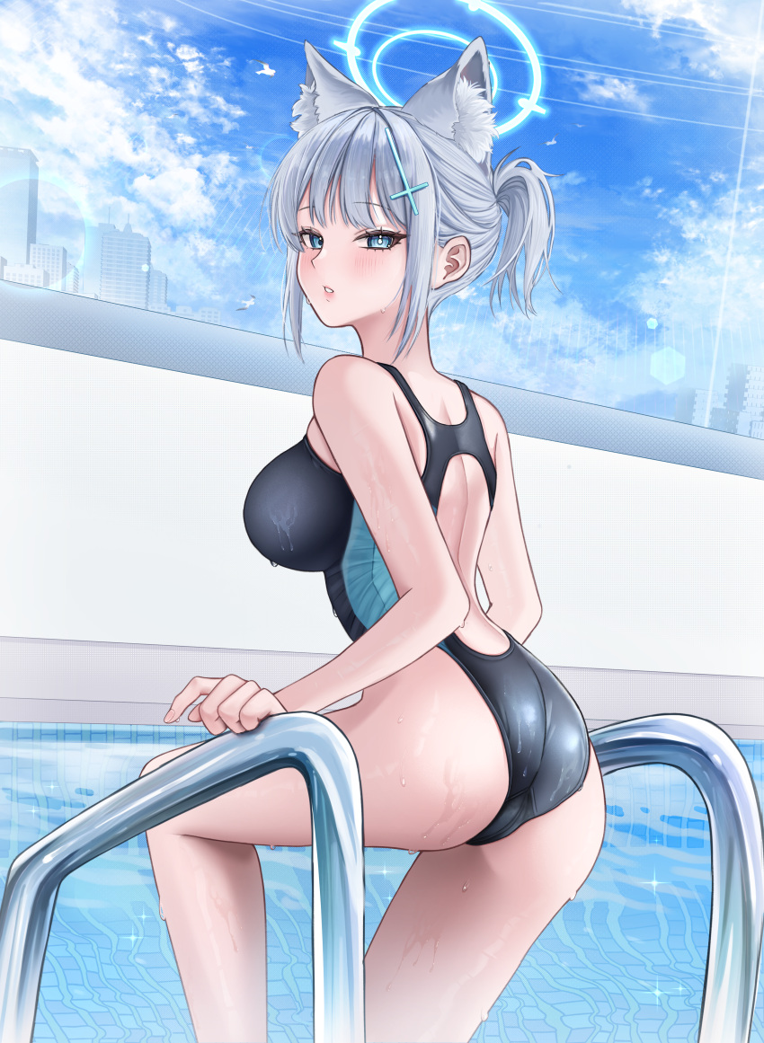 1girl absurdres animal_ear_fluff animal_ears ass black_one-piece_swimsuit blue_archive blue_eyes blue_sky breasts cloud competition_swimsuit cross_hair_ornament extra_ears feet_out_of_frame from_behind grey_hair hair_ornament halo highres looking_at_viewer low_ponytail medium_breasts medium_hair mismatched_pupils multicolored_clothes multicolored_swimsuit official_alternate_costume one-piece_swimsuit pinku_life pool pool_ladder shiroko_(blue_archive) shiroko_(swimsuit)_(blue_archive) sky solo swimsuit water wet wet_clothes wet_swimsuit wolf_ears
