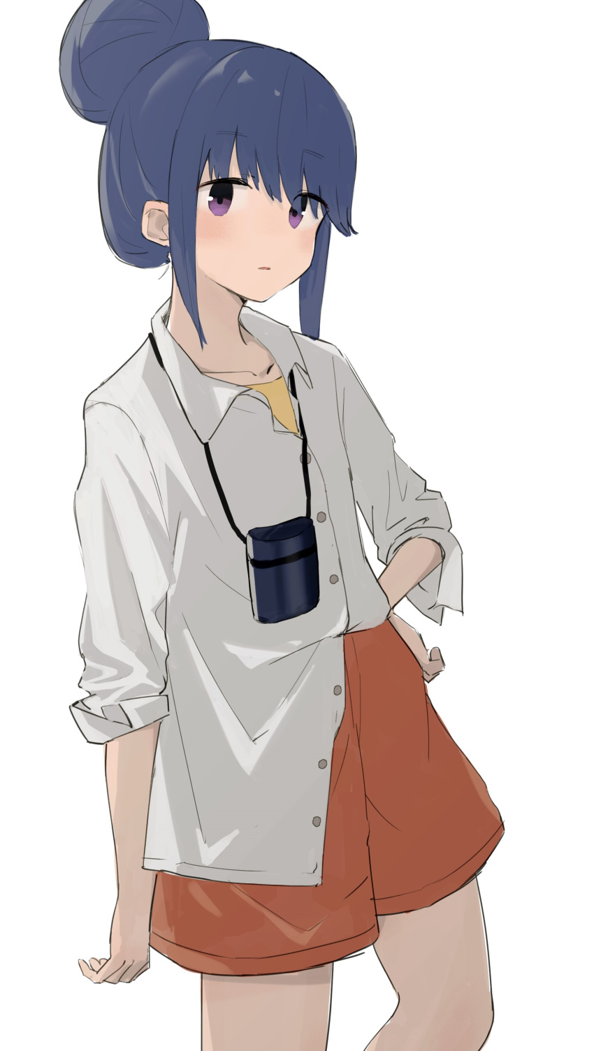 1girl absurdres blue_hair blush collared_shirt hair_bun hand_on_own_hip haramaki_(haranomaki) highres looking_at_viewer orange_shorts purple_eyes shima_rin shirt shirt_partially_tucked_in shorts sidelocks simple_background single_hair_bun sleeves_rolled_up solo white_background white_shirt yurucamp