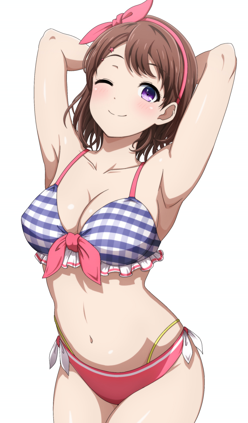 1girl absurdres anime_coloring arms_behind_head bang_dream! bikini breasts brown_hair cowboy_shot frilled_bikini frills hairband highres large_breasts mismatched_bikini noshimurin one_eye_closed purple_eyes red_hairband short_hair side-tie_bikini_bottom simple_background smile solo standing swimsuit toyama_kasumi white_background