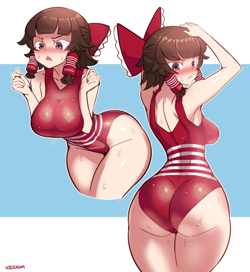 1girl ass blush bow breasts brown_eyes brown_hair chestnut_mouth dual_persona frilled_bow frills hair_bow hair_tubes hakurei_reimu highres nicecream red_bow short_hair sidelocks sweat tenga thick_thighs thighs touhou