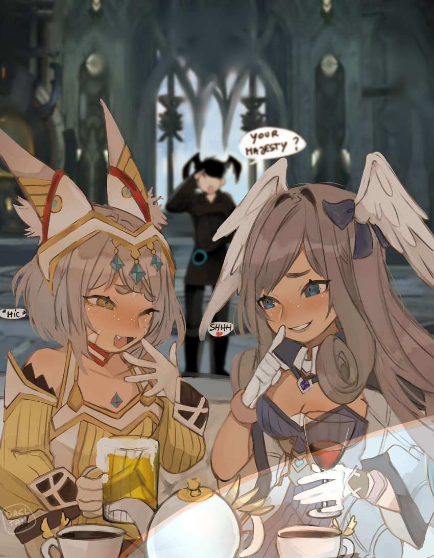 2girls absurdres alcohol animal_ears beer beer_mug blue_eyes blurry blurry_background breasts character_request chest_jewel cleavage cup dadeltan drinking_glass drunk english_text fang gloves grey_hair head_wings highres indoors melia_antiqua mug multiple_girls nia_(xenoblade) small_breasts speech_bubble teacup teapot upper_body white_gloves wine wine_glass wings xenoblade_chronicles_(series) xenoblade_chronicles_3 yellow_eyes