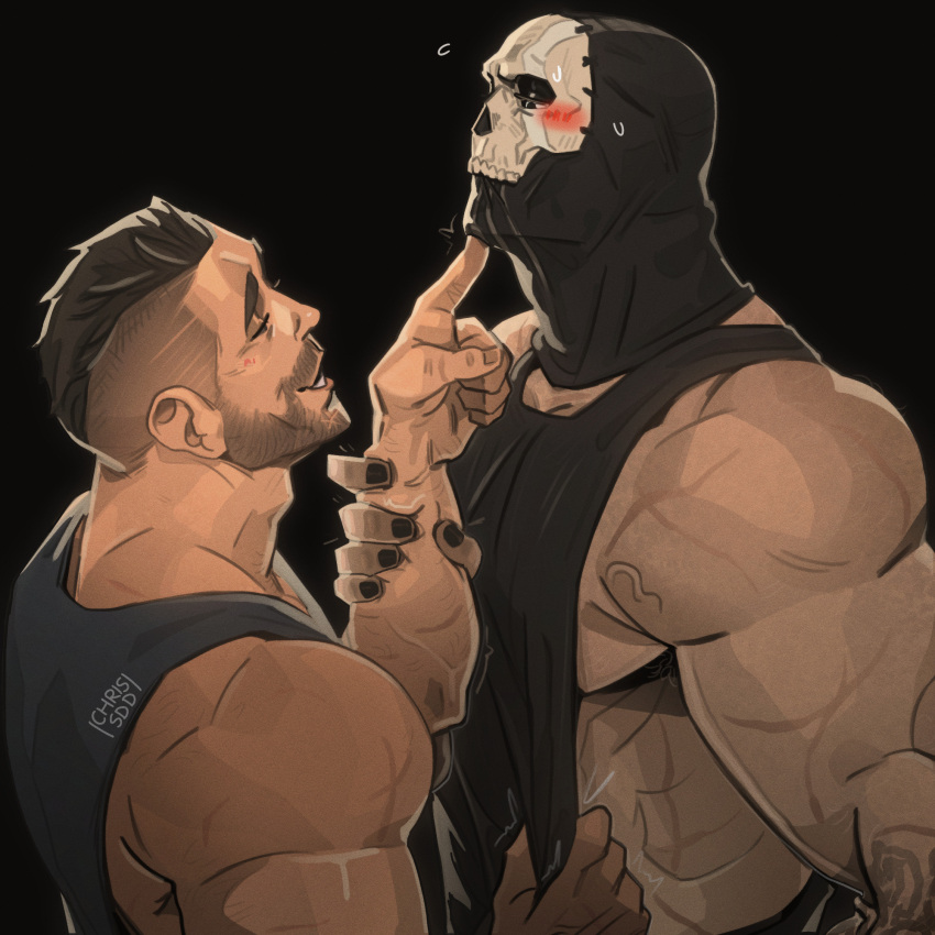 2boys artist_name bara black_background black_hair black_nails black_tank_top blush call_of_duty call_of_duty:_modern_warfare_2 chris_sdd couple facial_hair ghost_(modern_warfare_2) highres holding_another's_wrist large_pectorals looking_at_another male_focus mask multiple_boys muscular muscular_male nail_polish pectorals short_hair sidecut simple_background skull_mask smile soap_(modern_warfare_2) tank_top upper_body yaoi