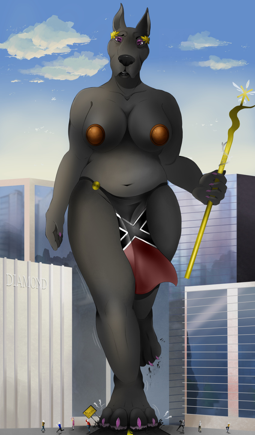 2021 4_toes 5_fingers absurd_res akila_(taylornoir) anthro black_body black_fur black_lips black_nose bottomwear building canid canine canis city city_background clothing cloud colored colored_nails crush destruction digital_drawing_(artwork) digital_media_(artwork) domestic_dog english_text extreme_size_difference feet female fingers full-length_portrait fur great_dane hi_res human lips loincloth macro makeup mammal mastiff mature_anthro mature_female micro molosser nails navel nipple_covers portrait queen road royalty size_difference size_play smaller_human solo staff stomping taylornoir text toes walking