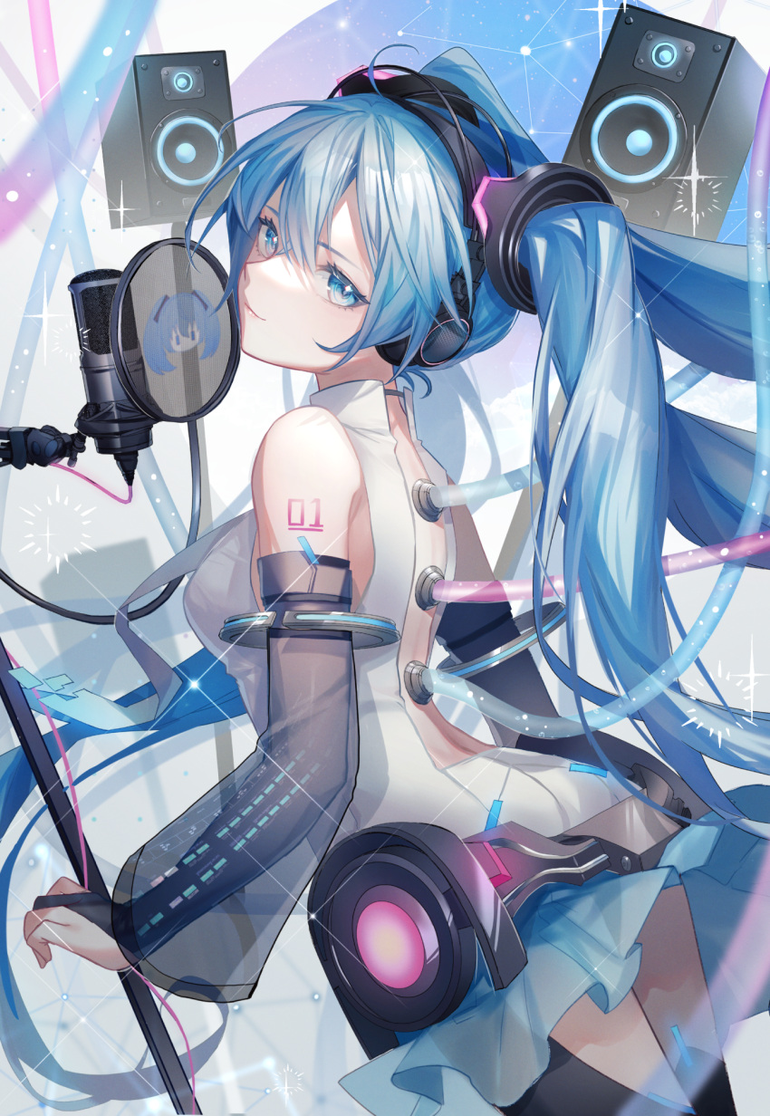 1girl adapted_costume aono_99 back_cutout bare_shoulders black_headwear black_thighhighs blue_eyes blue_hair blue_skirt blurry blurry_foreground closed_mouth clothing_cutout commentary constellation cowboy_shot detached_sleeves dutch_angle expressionless from_side hair_between_eyes hatsune_miku hatsune_miku_(append) head_tilt headset highres hip_gear long_hair looking_at_viewer looking_to_the_side microphone miniskirt number_tattoo pleated_skirt pop_filter revision see-through see-through_sleeves shadow shirt sidelocks skirt sleeveless sleeveless_shirt smile solo sparkle speaker tattoo thighhighs tube twintails very_long_hair vocaloid vocaloid_append white_shirt