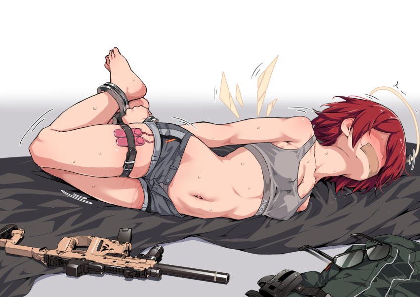 1girl arknights bare_arms bare_legs bare_shoulders barefoot bdsm black_shorts blush bondage bound commentary_request crop_top cuffs exusiai_(arknights) eyewear_removed gag gagged glasses gun halo handcuffs hogtie improvised_gag kataokasan lying midriff navel nose_blush on_side open_fly red_hair rifle sex_toy short_hair short_shorts shorts solo sports_bra stomach tape tape_gag thigh_strap thighs vibrator weapon white_background