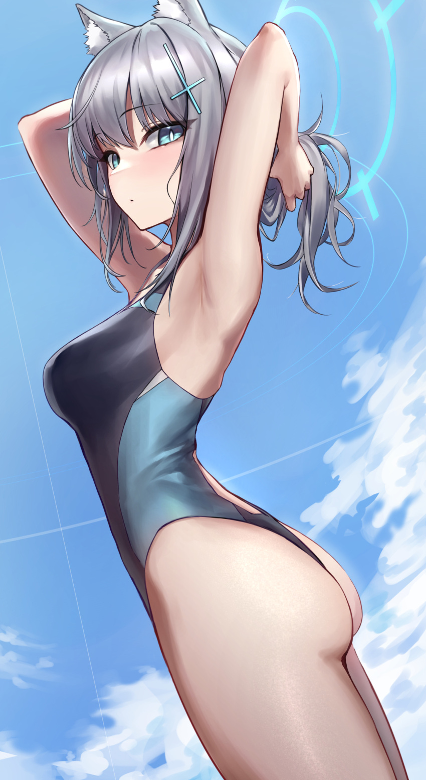 1girl absurdres animal_ear_fluff animal_ears armpits arms_behind_head arms_up ass bare_shoulders blue_archive blue_eyes blue_one-piece_swimsuit blue_sky blush breasts cross_hair_ornament extra_ears grey_hair hair_ornament halo highleg highleg_swimsuit highres looking_at_viewer medium_breasts medium_hair monegi multicolored_clothes multicolored_swimsuit one-piece_swimsuit shiroko_(blue_archive) shiroko_(swimsuit)_(blue_archive) short_ponytail sidelocks sky solo swimsuit thighs wolf_ears