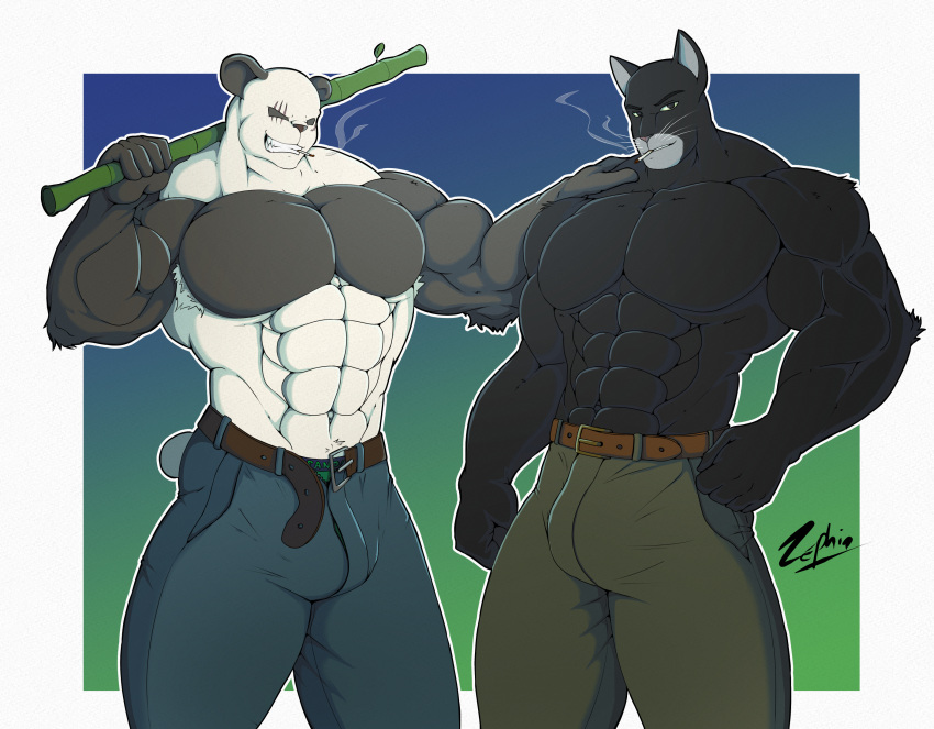 abs anthro bear beastars biceps big_muscles black_body black_fur blacksad bulge canid canine clothed clothing digital_media_(artwork) domestic_cat duo felid feline felis flexing fur giant_panda gouhin_(beastars) hi_res john_blacksad male mammal muscular muscular_anthro muscular_male pecs simple_background smile smoking standing topless zephir