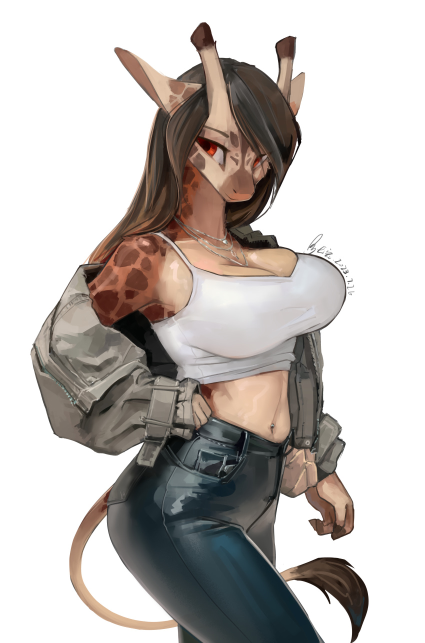 1girl absurdres animal_ears arm_at_side artist_name bare_shoulders black_hair blue_pants body_fur breasts brown_fur brown_hair chinese_commentary cleavage closed_mouth collarbone commentary_request cowboy_shot crop_top dated denim furry furry_female giraffe_ears giraffe_girl giraffe_tail gradient_hair grey_jacket hand_on_own_hip happy high-waist_pants highres jacket jeans jewelry large_breasts long_hair looking_to_the_side midriff multicolored_fur multicolored_hair multiple_necklaces navel navel_piercing necklace off_shoulder open_clothes open_jacket orange_fur original pants piercing pocket red_eyes shanher shirt signature simple_background sleeveless sleeveless_shirt smile snout solo spaghetti_strap spotted_fur standing stomach tail white_background white_shirt yellow_fur