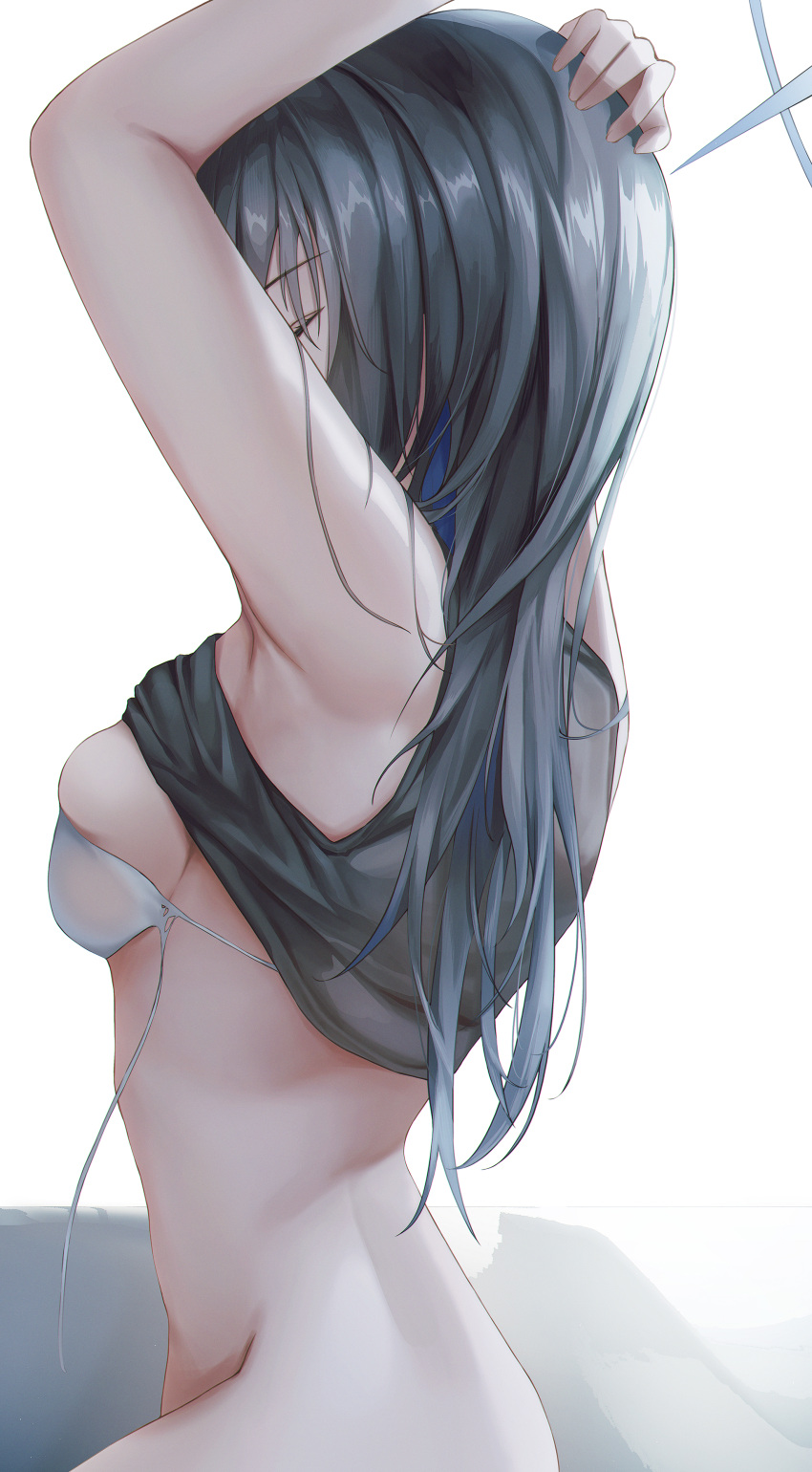 1girl absurdres armpits arms_up black_hair black_tank_top blue_archive blue_hair bottomless bra breasts closed_eyes clothes_lift crop_top from_side halo highres moda_(mo_da_3) multicolored_hair saori_(blue_archive) shirt_lift sideboob simple_background skindentation solo straight_hair tank_top two-tone_hair underwear white_bra