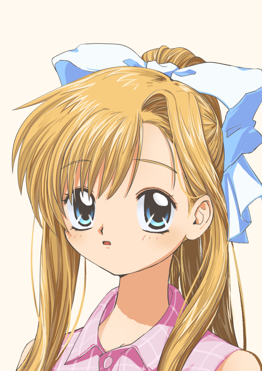 1girl air_(visual_novel) alternate_hairstyle blonde_hair blue_eyes bow collared_shirt dencintown hair_behind_ear hair_bow highres kamio_misuzu long_hair looking_at_viewer parted_lips pink_shirt plaid plaid_shirt ponytail shirt sidelocks simple_background single_hair_intake sleeveless sleeveless_shirt solo white_background white_bow