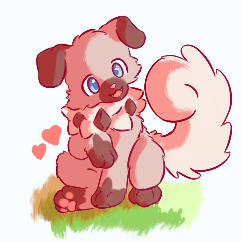 &lt;3 1:1 ambiguous_gender blue_eyes brown_body brown_fur canid canine digital_media_(artwork) ears_down feet feral fur generation_7_pokemon grass hi_res mammal mrcat11 nintendo open_mouth paws pivoted_ears plant pokemon pokemon_(species) quadruped raised_paw raised_tail rockruff shaded simple_background sitting smile solo tail tilting_head toes tuft