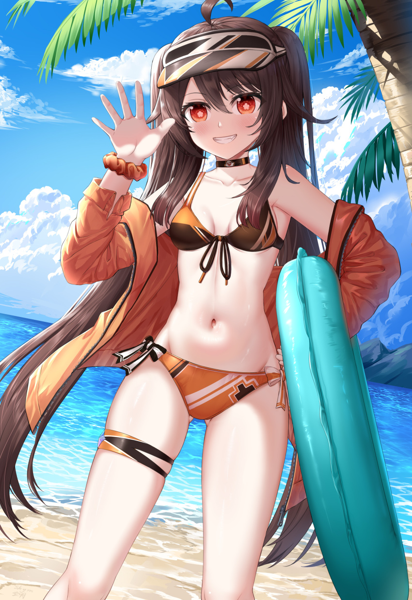 1girl absurdres ahoge bare_shoulders beach bikini blue_sky brown_hair cloud commentary_request day front-tie_bikini_top front-tie_top genshin_impact hand_up highres holding holding_innertube hu_tao_(genshin_impact) innertube jacket long_hair long_sleeves mismatched_bikini navel ocean off_shoulder open_clothes open_jacket orange_jacket red_eyes revision sky skym_(kumei) solo standing stomach swimsuit thigh_strap thighs twintails very_long_hair visor_cap water