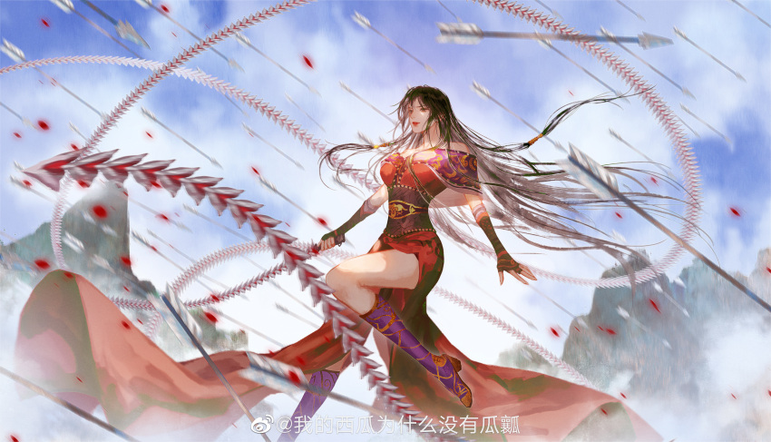1girl absurdres arrow_(projectile) bare_shoulders blue_sky chi_lian_(qin_shi_ming_yue) closed_mouth cloud dress fingerless_gloves floating_hair ge_bihua_hua_lao_zhang gloves highres holding holding_whip leg_up long_hair mountain off-shoulder_dress off_shoulder purple_footwear qinshi_mingyue red_dress second-party_source sky smile solo weapon whip_sword