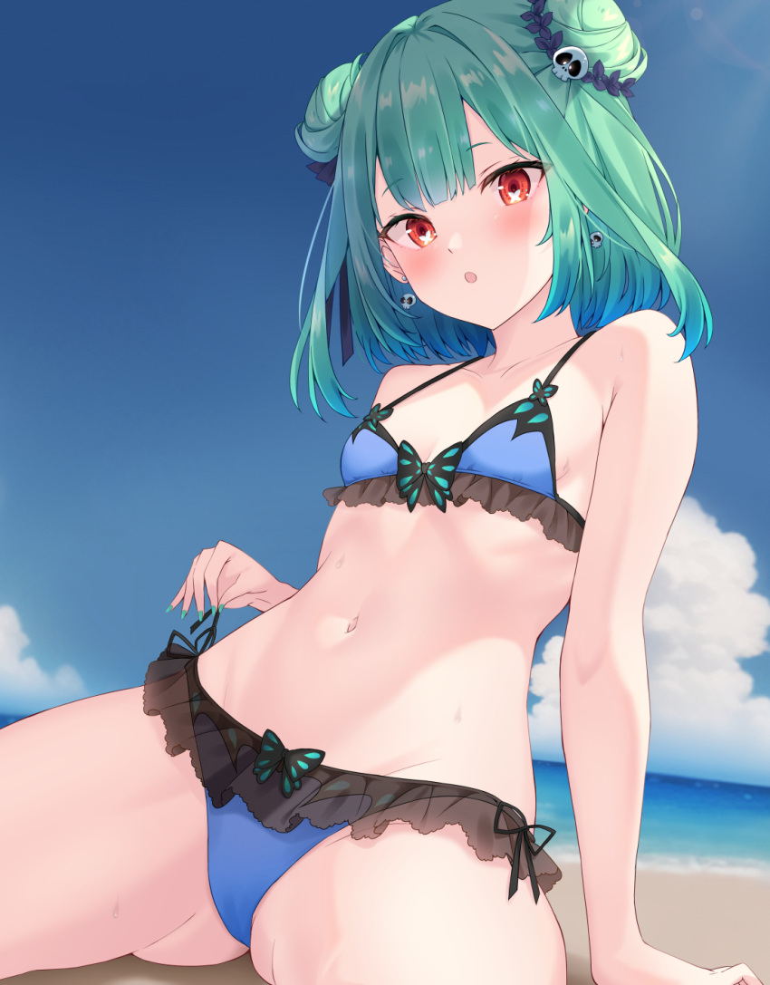 1girl adapted_costume alternate_costume animal_print beach bikini blue_bikini blue_hair blue_sky blush bow breasts bug butterfly butterfly-shaped_pupils butterfly_print cloud cowboy_shot crotch double_bun earrings frills gradient_hair gradient_sky green_hair green_nails hair_bow hair_bun hair_ornament highres hololive jewelry kurono_yuzuko looking_at_viewer multicolored_hair navel ocean open_mouth red_eyes sand short_hair sitting skull skull_earrings skull_hair_ornament sky small_breasts sunlight sweat swimsuit uruha_rushia uruha_rushia_(1st_costume) virtual_youtuber