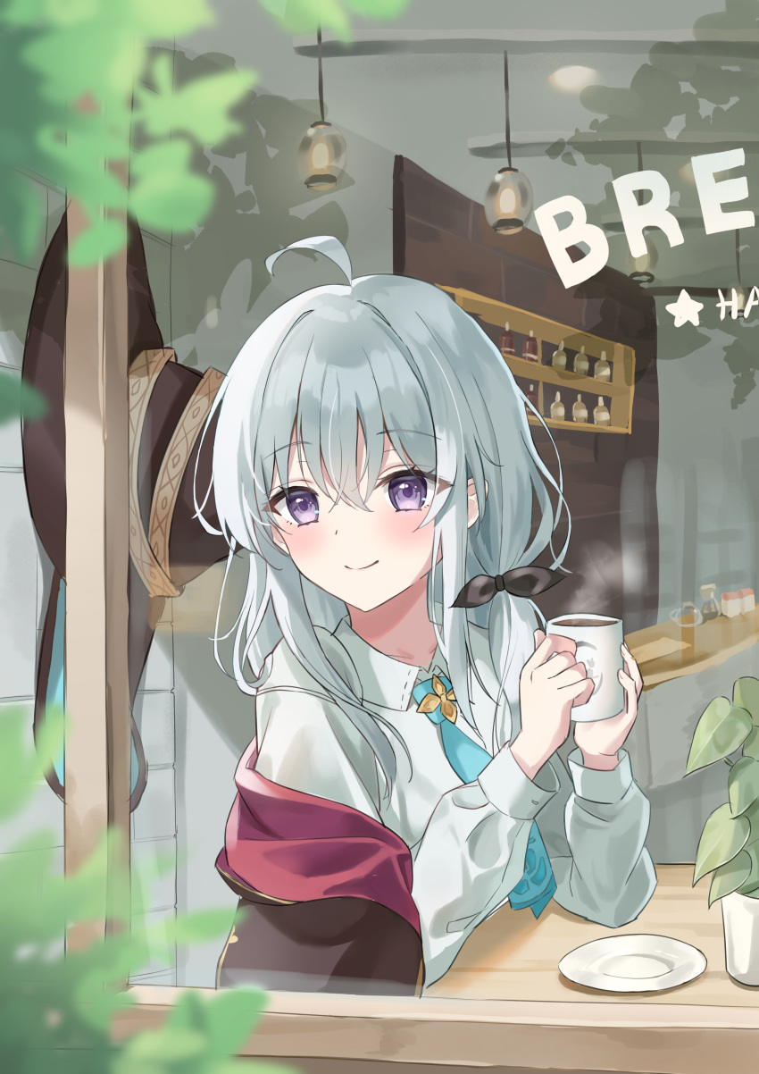 1girl absurdres ahoge arm_support blue_necktie collared_shirt cup day elaina_(majo_no_tabitabi) elbows_on_table from_outside grey_hair hair_between_eyes hair_over_shoulder hanging_light hat highres holding holding_cup hot_drink indoors k2_(kazu1030) leaf long_hair long_sleeves looking_outside looking_through_window low-tied_long_hair majo_no_tabitabi necktie off_shoulder plant potted_plant purple_eyes saucer shirt smile solo steam unworn_hat unworn_headwear white_shirt window witch_hat