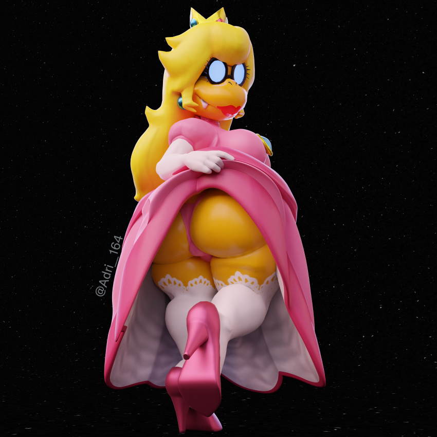 absurd_res adri164 big_butt blonde_hair bubble_butt butt clothed clothing clothing_lift cosplay crossdressing crown dress dress_lift eyewear footwear girly gloves hair handwear headgear hi_res high_heels kamek koopa lipstick long_hair looking_at_viewer magikoopa makeup male male/male mario_bros nintendo pink_clothing pink_underwear scalie sharp_teeth solo teeth underwear wide_hips yellow_body