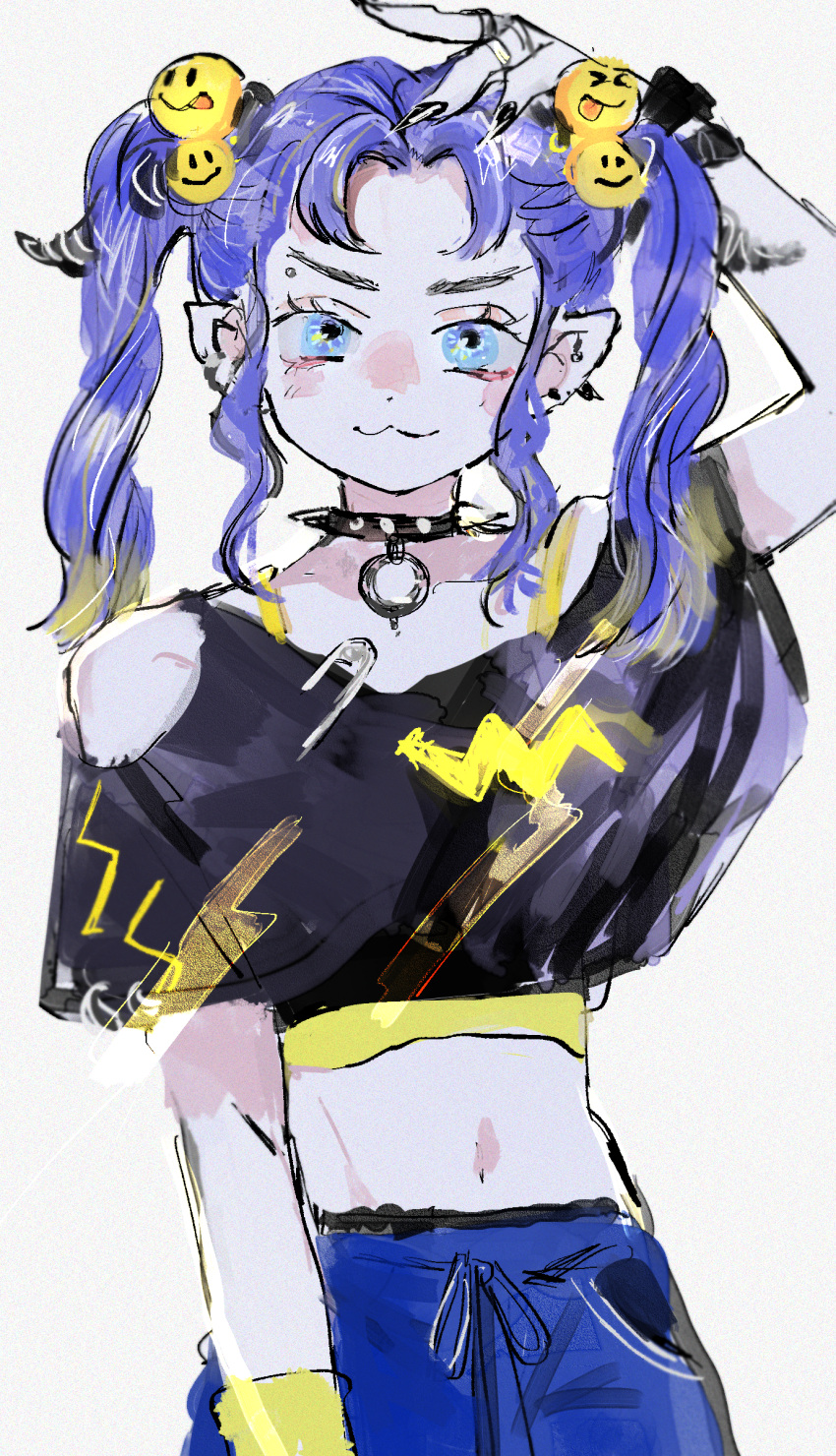 &gt;:) 1girl :3 absurdres arm_up black_nails blue_eyes blue_hair bracelet clothing_cutout collar commentary crop_top ear_piercing eyebrow_piercing gradient_hair hair_bobbles hair_ornament hand_on_own_head highres jewelry lightning_bolt_symbol multicolored_hair nail_polish navel original parted_bangs piercing pointy_ears safety_pin sahau228 shoulder_cutout sidelocks smiley_face solo spiked_collar spikes twintails v-shaped_eyebrows wristband
