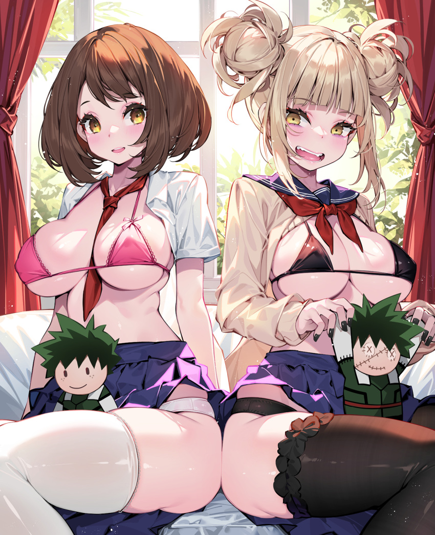 2girls between_breasts black_bra black_panties black_thighhighs blonde_hair boku_no_hero_academia bra breasts brown_hair character_doll commentary_request curtains highres large_breasts long_sleeves midoriya_izuku multiple_girls necktie necktie_between_breasts panties pink_bra purple_skirt red_necktie school_uniform short_hair sitting skirt thighhighs toga_himiko underwear uraraka_ochako waterring white_panties white_thighhighs window yellow_eyes