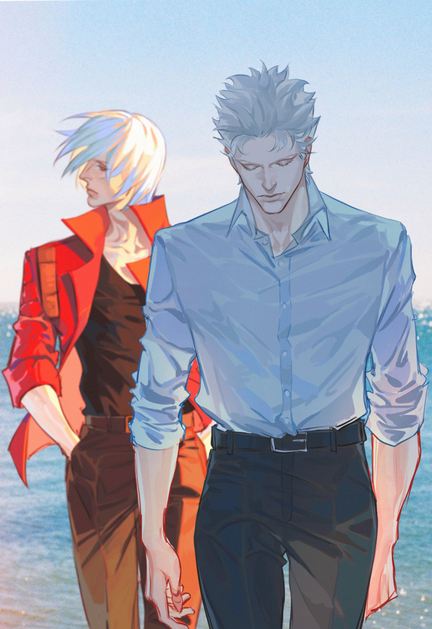 2boys absurdres beach belt belt_buckle black_belt black_pants black_shirt blue_shirt brothers buckle closed_eyes collared_shirt cowboy_shot dante_(devil_may_cry) devil_may_cry_(series) facing_to_the_side hand_in_pocket head_down highres jacket male_focus multiple_boys ocean outdoors pants red_jacket sebby1725 shirt short_hair siblings sleeves_rolled_up vergil_(devil_may_cry) white_hair