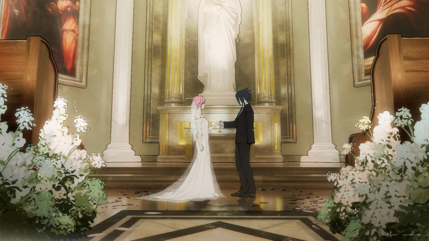 1boy 1girl amputee black_hair bridal_veil chinese_commentary church commentary_request dress flower hand_grab haruno_sakura hetero highres husband_and_wife long_dress naruto:_the_last naruto_(series) niku_(ni23ku) off-shoulder_dress off_shoulder pink_hair tuxedo uchiha_sasuke veil wedding_dress