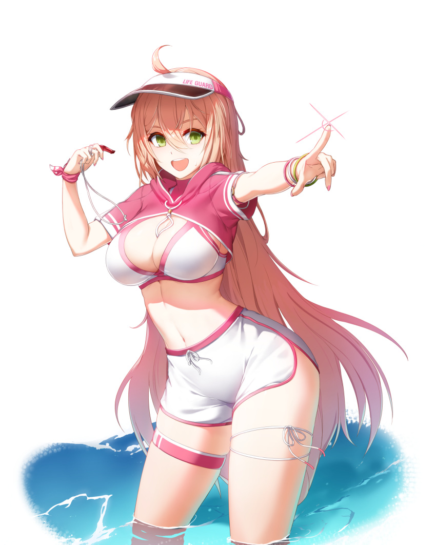 1girl ahoge bikini bikini_top_only blonde_hair breasts cleavage closers contrapposto dolphin_shorts drawstring green_eyes hand_up highres holding hood hood_down large_breasts long_hair looking_at_viewer navel official_art open_mouth outstretched_arm pointing ribbon short_shorts short_sleeves shorts shrug_(clothing) skindentation smile solo soma_(closers) sparkle standing stomach sweatdrop swimsuit thigh_strap thighs very_long_hair visor_cap wading water whistle white_bikini white_shorts wrist_ribbon wristband