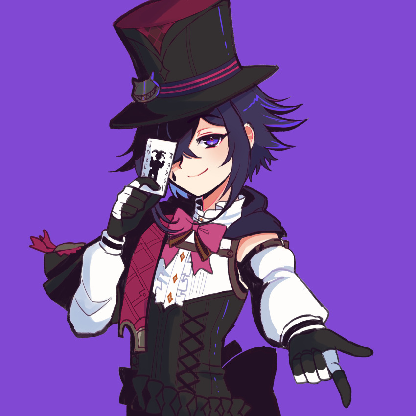 1boy absurdres alternate_costume black_gloves black_headwear bow bowtie card cele_(310v3) center_frills corset covering_one_eye danganronpa_(series) danganronpa_v3:_killing_harmony frills gloves hair_between_eyes hat highres holding holding_card joker_(card) long_sleeves looking_at_viewer multicolored_hair oma_kokichi pink_bow pink_bowtie playing_card purple_background purple_eyes red_headwear shirt simple_background smile solo teardrop_tattoo top_hat two-tone_hair upper_body white_gloves white_shirt