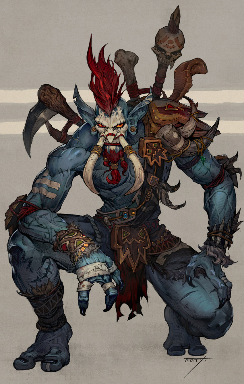 1boy armor artist_name bandages black_claws blue_skin claws clenched_teeth colored_skin facial_hair fang full_body glaring goatee grey_background highres looking_at_viewer mohican monster morry muscular pointy_ears red_hair scar shoulder_armor skull teeth troll_(warcraft) vol'jin warcraft weapon world_of_warcraft