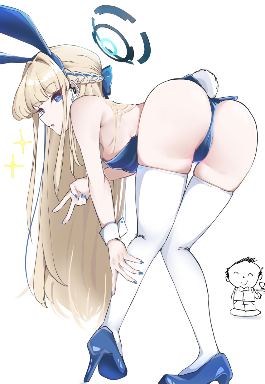 1boy 1girl :o animal_ears ass bent_over blonde_hair blue_archive blue_eyes blue_leotard blue_nails braid breasts cameltoe earpiece fake_animal_ears fake_tail french_braid full_body gen_(unzzenasd) halo high_heels highleg highleg_leotard highres leotard long_hair parted_lips playboy_bunny rabbit_ears rabbit_tail sensei_(blue_archive) skindentation small_breasts solo_focus sparkle tail thighhighs thighs toki_(blue_archive) toki_(bunny)_(blue_archive) v very_long_hair white_thighhighs wrist_cuffs