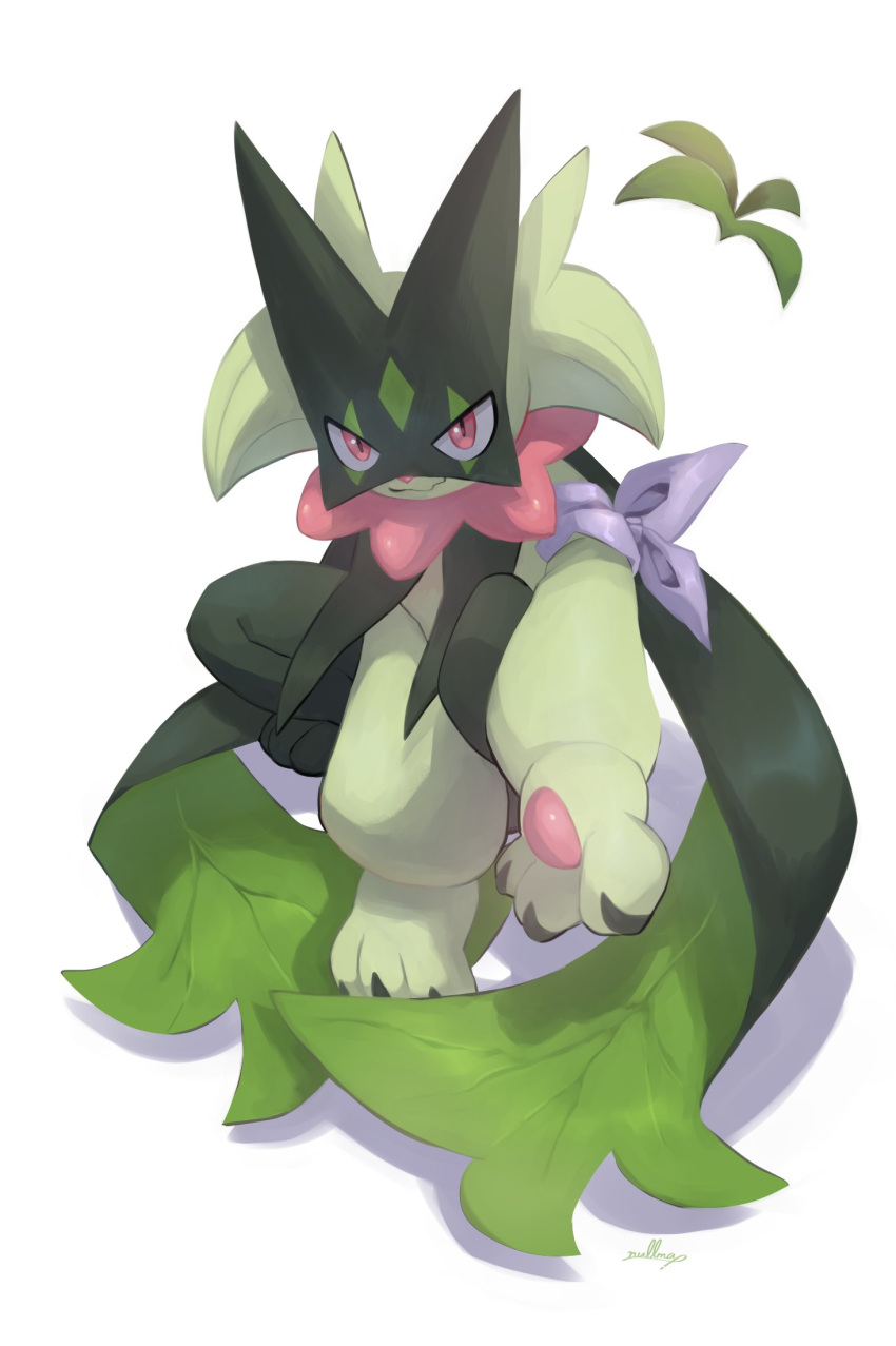 3_claws 3_toes ambiguous_gender biped black_claws cape claws clothing collar colored crouching digital_media_(artwork) digital_painting_(artwork) feet feral fur fur_tuft generation_9_pokemon green_body green_cape green_fur hi_res looking_at_viewer mask meowscarada multicolored_body nintendo nullma pawpads pink_collar pink_eyes pink_nose pink_pawpads pokemon pokemon_(species) shadow signature simple_background solo toes tuft two_tone_body white_background