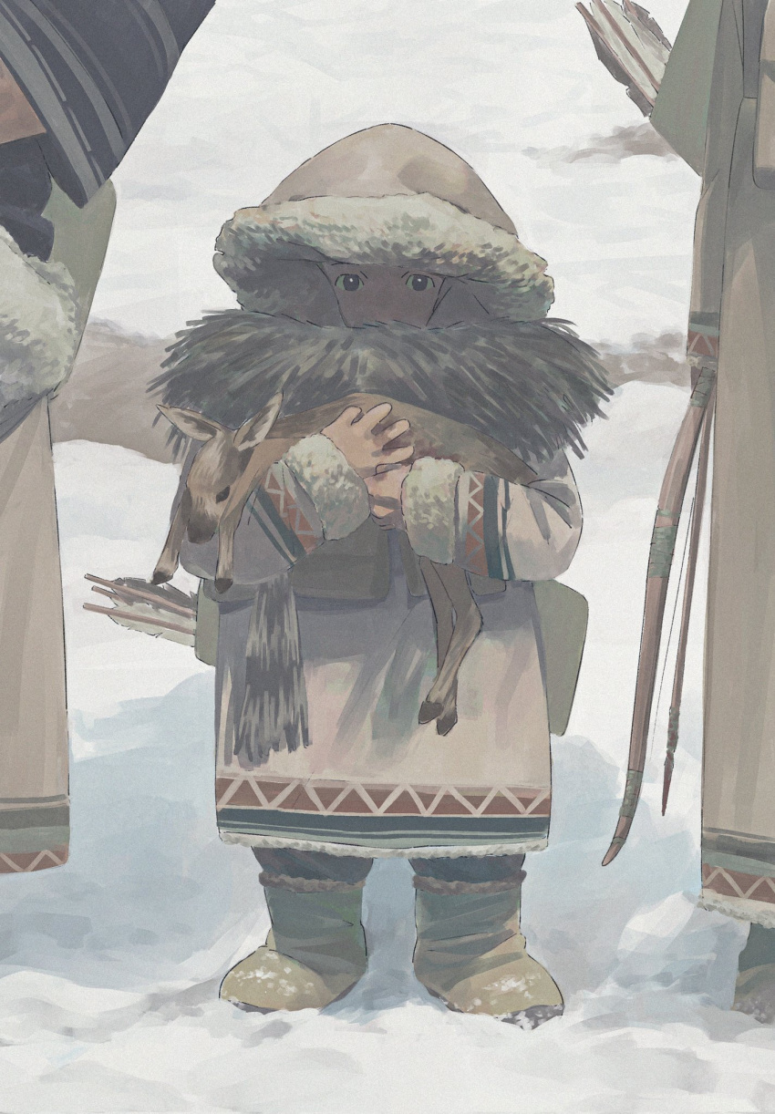 1other ainu_clothes animal arrow_(projectile) blood blood_on_hands boots bow_(weapon) child commentary_request covered_mouth day deer family feet_out_of_frame full_body fur-trimmed_hood fur-trimmed_sleeves fur_trim hands_up highres holding holding_animal holding_bow_(weapon) holding_weapon hood hood_up injury jiankun_yu long_sleeves looking_at_viewer original outdoors quiver robe snow standing straight-on weapon winter_clothes