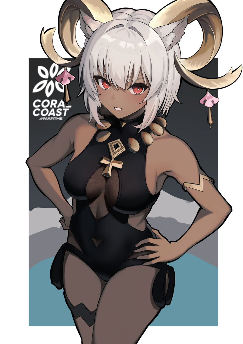 1girl animal_ear_fluff animal_ears ankh_necklace arknights armpits black_one-piece_swimsuit border carnelian_(arknights) carnelian_(shimmering_dew)_(arknights) casual_one-piece_swimsuit commentary cowboy_shot dark-skinned_female dark_skin english_commentary goat_ears goat_girl goat_horns gold_horns grey_hair hands_on_own_hips highres horns looking_at_viewer official_alternate_costume one-piece_swimsuit open_mouth red_eyes short_hair smile solo swimsuit yan_kodiac