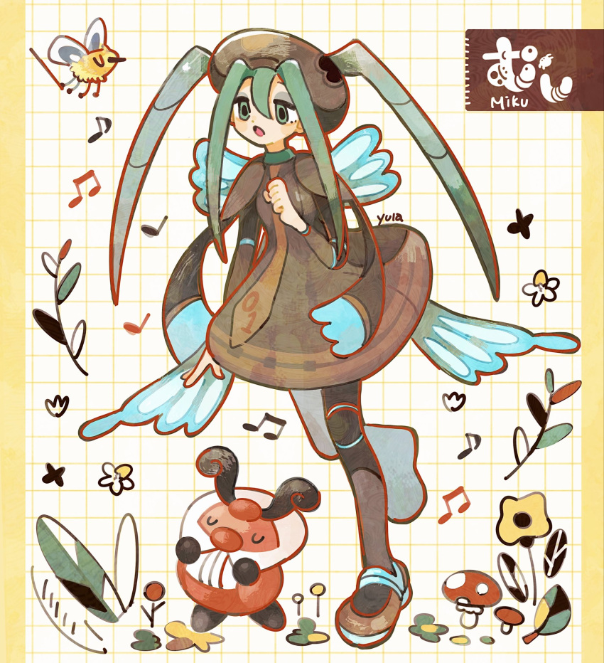 1girl aluy01 black_pantyhose blue_wings brown_dress brown_headwear brown_necktie bug_miku_(project_voltage) character_name closed_eyes coattails commentary cutiefly dress eyeshadow flower fly_agaric full_body green_eyes green_hair hand_up hatsune_miku highres kricketot long_hair long_sleeves makeup mushroom musical_note necktie open_mouth pantyhose pokemon_(creature) project_voltage solo standing standing_on_one_leg symbol-only_commentary twintails wings yellow_flower