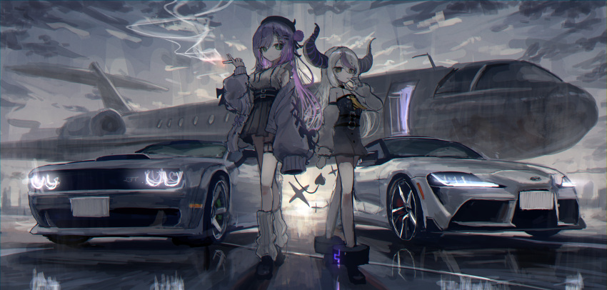 2girls absurdres belt black_belt black_dress black_footwear black_skirt boots breasts car cardigan cigarette cloud demon_tail detached_sleeves dodge_(company) dodge_challenger dress glowing green_eyes grey_cardigan grey_hair hair_bun headlight high-waist_skirt highres holding holding_cigarette hololive horns la+_darknesss long_hair making-of_available medium_breasts motor_vehicle multicolored_hair multiple_girls muscle_car off_shoulder purple_hair shiyo_tsubame single_side_bun skirt sky small_breasts smoke smoking sports_car standing streaked_hair tail thigh_strap tokoyami_towa toyota_supra tube_socks virtual_youtuber yellow_eyes