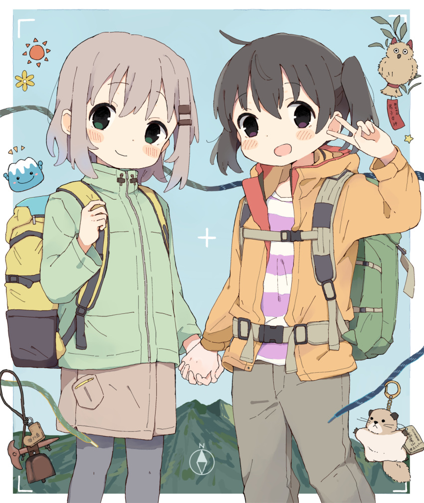 156m 2girls animal_keychain backpack bag bird black_hair blush blush_stickers border brown_eyes chest_strap compass flying_squirrel green_eyes green_jacket grey_hair hair_ornament hairclip highres hiking holding_hands holding_strap jacket kuraue_hinata looking_at_viewer mascot medium_hair mountain multiple_girls open_clothes open_jacket open_mouth orange_jacket outside_border owl shell_jacket shirt skirt skirt_pocket smile squirrel striped striped_shirt twintails v viewfinder white_border yama_no_susume yukimura_aoi