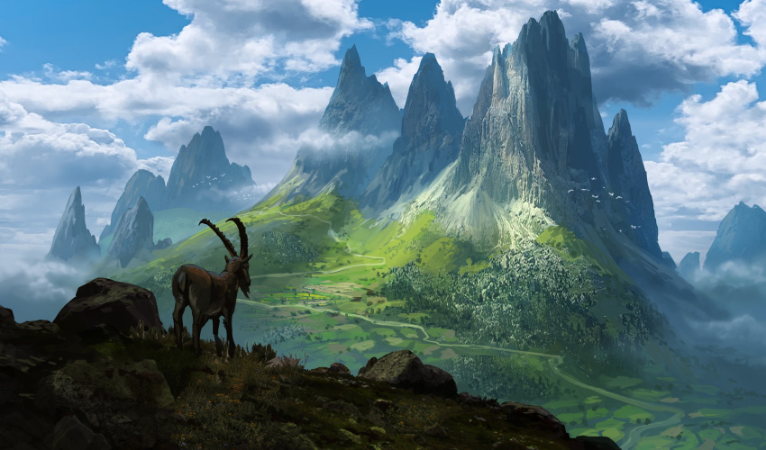 absurdres animal cloud davidfrasheski goat grass highres landscape mountain mountainous_horizon no_humans original outdoors