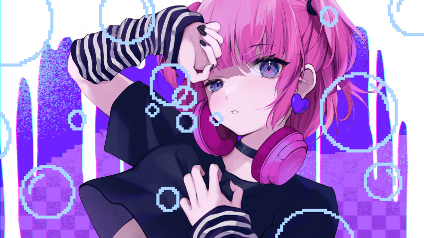 1girl arm_up arm_warmers bangs black_nails black_shirt bubble earrings hand_on_own_chest hand_up headphones headphones_around_neck highres jewelry looking_at_viewer muikou_(moeko0903) nail_polish original parted_lips pink_hair pink_headphones pixelated purple_eyes shirt short_hair short_sleeves solo two_side_up upper_body