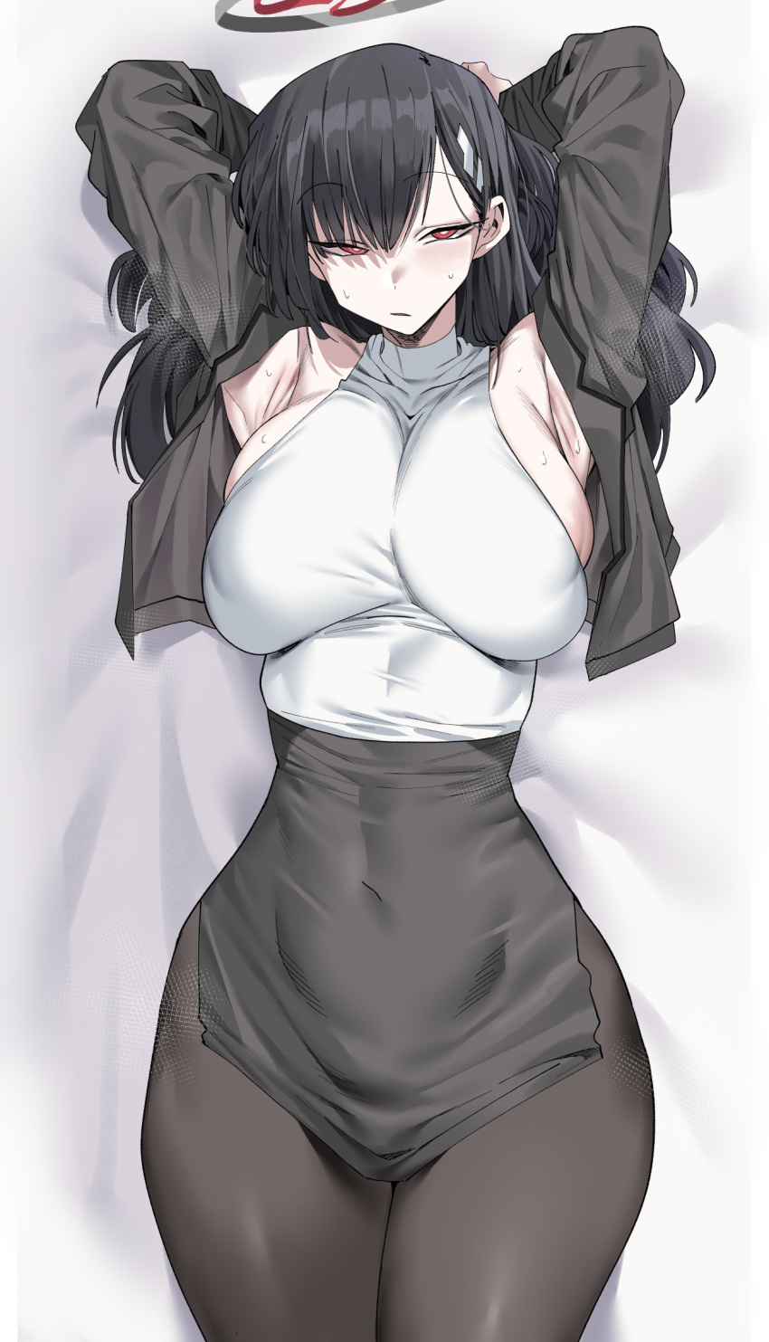 1girl arms_behind_head bad_anatomy bed_sheet black_hair black_pantyhose blue_archive breasts bright_pupils closed_mouth covered_navel cowboy_shot hair_between_eyes hair_ornament hairpin halo highres large_breasts long_hair long_sleeves looking_at_viewer open_clothes pantyhose red_eyes ringed_eyes rio_(blue_archive) solo sweater urec white_pupils white_sweater