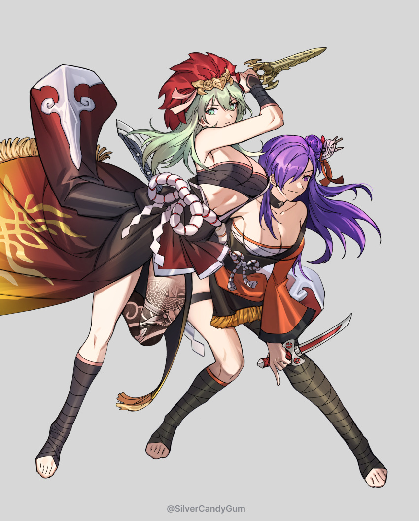 2girls absurdres alternate_costume bandages bandeau black_kimono black_sash breasts byleth_(female)_(fire_emblem) byleth_(fire_emblem) chest_sarashi cleavage dagger dual_wielding english_commentary fire_emblem fire_emblem:_three_houses fire_emblem_heroes fire_emblem_warriors:_three_hopes full_body green_eyes green_hair grey_background hair_over_one_eye highres holding holding_dagger holding_knife holding_weapon japanese_clothes kimono knife large_breasts leg_tattoo long_hair looking_at_viewer midriff multiple_girls navel obi orange_kimono purple_eyes purple_hair sarashi sash shez_(female)_(fire_emblem) shez_(fire_emblem) silvercandy_gum simple_background smile stomach strapless tattoo thighs tube_top weapon