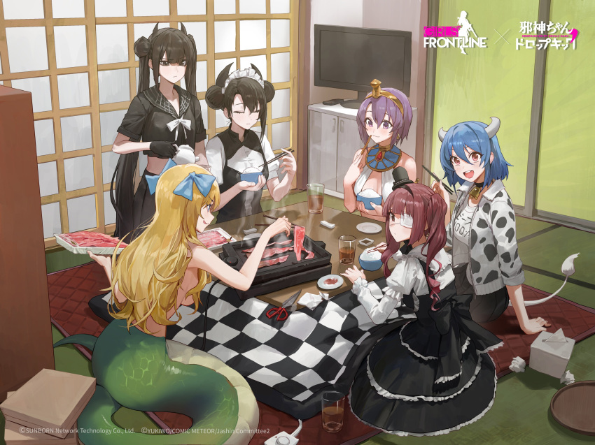6+girls :d :q absurdres agent_(girls'_frontline) animal_print artist_request bell black_dress black_gloves black_hair black_serafuku black_skirt blonde_hair blue_eyes blue_hair blue_ribbon blush bookshelf bow bowl bowtie breasts brown_eyes chopsticks cleavage closed_eyes closed_mouth clothes_writing commentary company_name controller copyright_name cow_girl cow_horns cow_print cow_tail cup double_bun dress drink drinking_glass egyptian_clothes english_commentary eyepatch food frills girls'_frontline gloves gothic_lolita grill hair_between_eyes hair_bun hair_over_breasts hair_ribbon hanazono_yurine hat headpiece highres holding holding_chopsticks holding_teapot horns indoors jashin-chan jashin-chan_dropkick jewelry kotatsu lamia large_breasts lolita_fashion long_hair looking_at_viewer maid maid_headdress meat medical_eyepatch medium_breasts medusa_(jashin-chan_dropkick) midriff mini_hat mini_top_hat minos_(jashin-chan_dropkick) monster_girl multiple_girls neck_bell nude official_art open_mouth ouroboros_(girls'_frontline) plate pouring puffy_short_sleeves puffy_sleeves purple_eyes purple_hair red_eyes red_hair remote_control ribbon rice rice_bowl rug sangvis_ferri school_uniform scissors serafuku shirt short_hair short_sleeves shouji single_side_bun skirt sliding_doors smile table tail tatami teapot teeth television tissue tissue_box tongue tongue_out top_hat twintails upper_teeth_only used_tissue usekh_collar white_bow white_bowtie white_shirt
